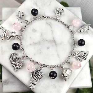 Persephone and Hades charm bracelet, greek mythology, greek god, goddess, queen and king of the underworld, hellenic devotional jewelry