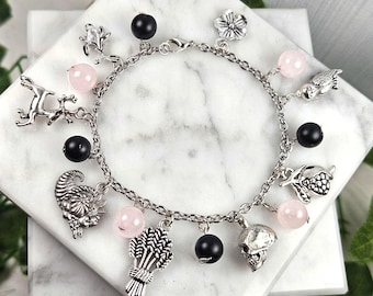 Persephone and Hades charm bracelet, greek mythology, greek god, goddess, queen and king of the underworld, hellenic devotional jewelry