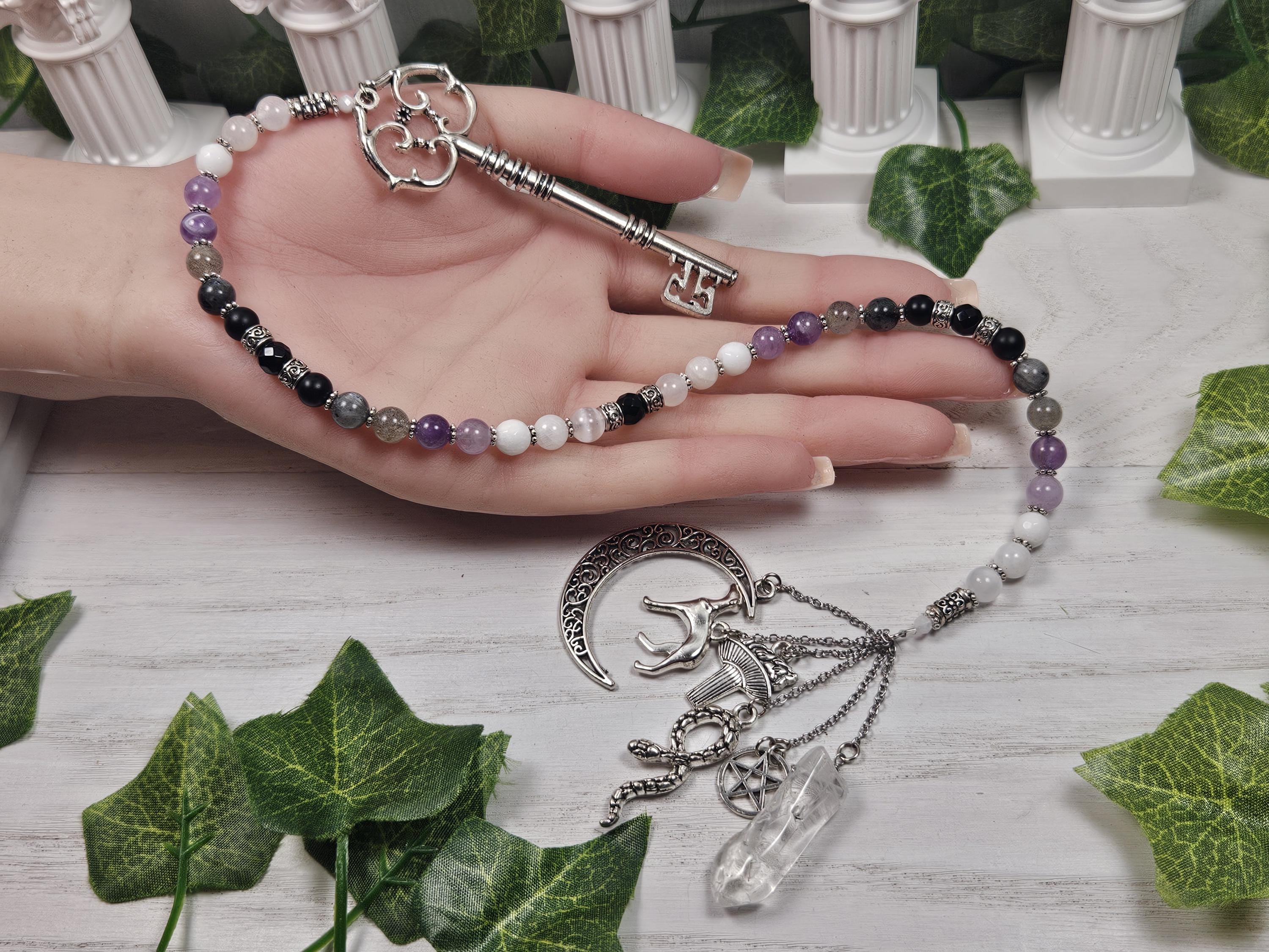 Hecate prayer beads, Hekate triple moon goddess, witchy gift, made with genuine crystal stone beads, hellenic, pagan, witches ladder