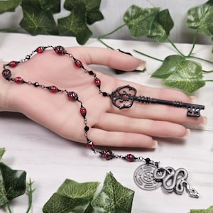 Hekate prayer beads with Hekate&#39;s wheel, snake and skeleton key, rosary style, wire wrapped jewerly