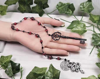 Hekate prayer beads with Hekate&#39;s wheel, snake and skeleton key, rosary style, wire wrapped jewerly