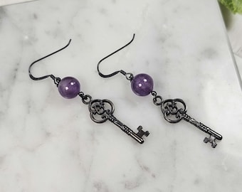 Hecate earrings, .925 sterling silver french hooks, Hekate jewelry, greek goddess, greek mythology, Hekate&#39;s key, amethyst crystal