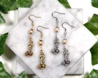 Birth of Venus Pearl Earrings, 18k Gold, Sterling Silver or stainless steel French hooks