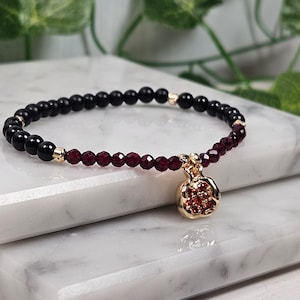 Persephone Granatäpple Berlockarmband, 18k Guldpläterat, Svart Onyx