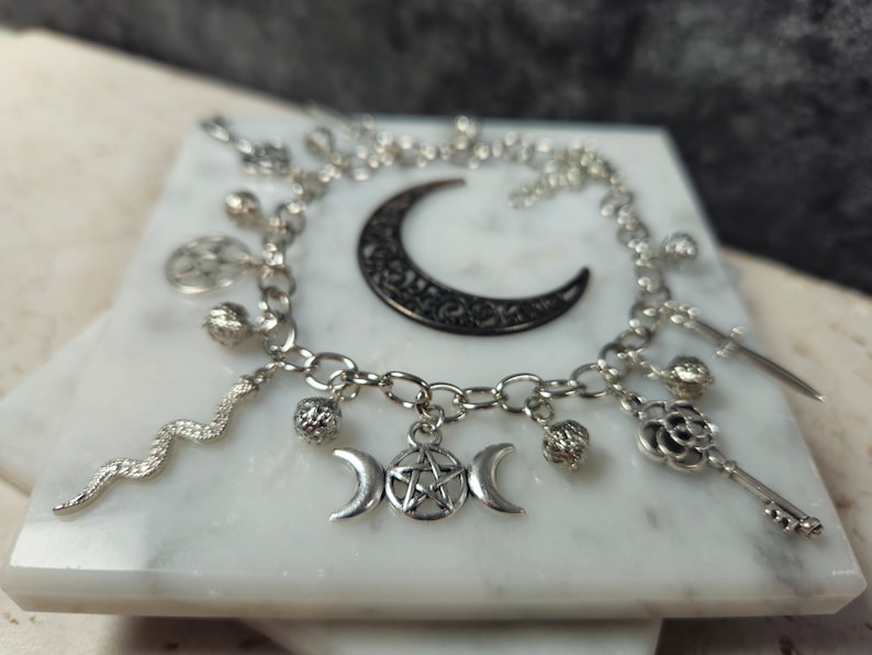 Hecate Charm Bracelet With Dagger Snakes Keys Triple Moon Wiccan Star