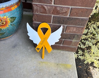Personalized Childhood Cancer Awareness Yard Sign, White Angel Wings, Gold Ribbon Memorial Garden Stake