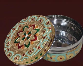 Handbemalte Meenakari-Edelstahldose, traditionelle indische Dekoration & Geschenkidee