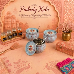 May include: Three light blue metal spice containers with floral patterns, lids, and metal spoons. The set includes four small glass spice jars on a wooden tray, a brass vase, a rectangular box, a metal spatula, a fabric pouch, and a beaded necklace.