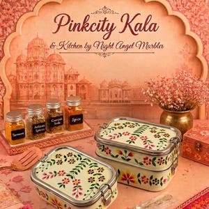 May include: Two rectangular stainless steel lunch boxes with cream-colored lids and sides featuring hand-painted floral patterns in pink, red, and green. The text Pinkcity Kala & Kitchen by Night Angel Marbles is displayed in the background.