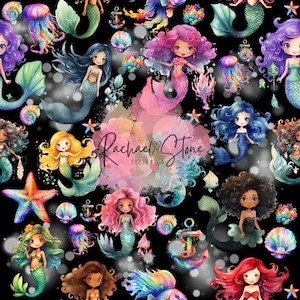 Watercolor Mermaids on Black Digital Seamless Paper File Design
