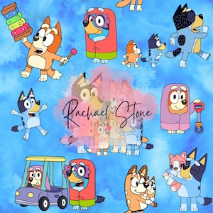 May include: A repeating pattern of cartoon dogs in various poses and outfits against a watercolor blue background. Some dogs are holding toys, wearing costumes, or driving a car. The image includes the text "Rachael Stone Design Co."