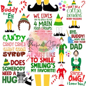 May include: A collection of 12 digital images featuring Buddy the Elf from the movie Elf. The images include quotes from the movie, such as "Candy, Candy Canes, Candy Corn, Syrup", "I Just Like to Smile. Smiling's My Favorite!" and "Don't Be a Cotton Headed Ninny Muggins".