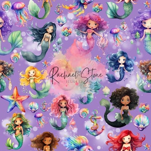 Watercolor Mermaid on Purple Digital Seamless Paper File Design
