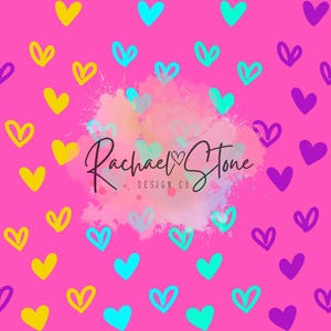 May include: A pink background with a watercolor splatter design in the center. The background is covered with a pattern of hearts in yellow, blue, and purple.