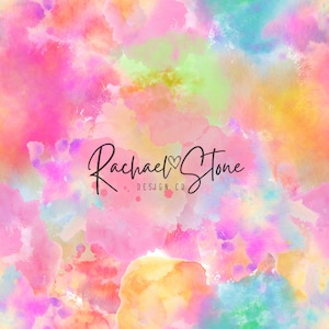 May include: Abstract watercolor background with a seamless pattern of pink, yellow, blue, and green splotches. The text "Rachael Stone Design Co." is in the center of the image.