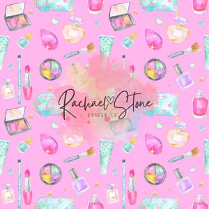 May include: A pink background with a repeating pattern of makeup and beauty products. The pattern includes makeup brushes, lipstick, eyeshadow palettes, perfume bottles, makeup sponges, and makeup bags. The text "Rachael Stone Design Co." is in the center of the image.