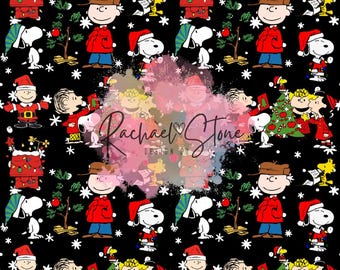 May include: A black and white seamless pattern featuring various Christmas-themed characters from the Peanuts comic strip. The characters include Snoopy, Charlie Brown, Lucy, Linus, and Woodstock. The pattern also includes Christmas trees, presents, and other holiday decorations.