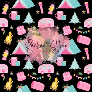 May include: A seamless pattern featuring a variety of camping-themed illustrations, including tents, a camper van, a campfire, a lantern, a mug of hot chocolate, a sleeping bag, a backpack, a pine tree, and a string of flags. The background is black, and the illustrations are in shades of pink, blue, and yellow.