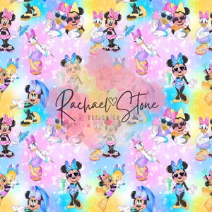May include: A seamless pattern featuring cartoon images of Minnie Mouse and Daisy Duck in various summery poses. The background is a watercolor-style gradient of pink, blue, and yellow with white hearts.
