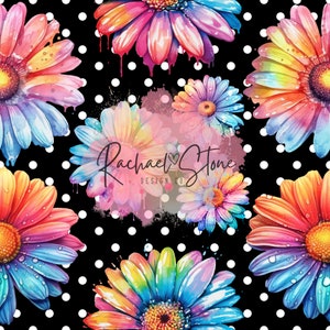 May include: A seamless pattern featuring colorful watercolor daisies with dripping paint on a black background with white polka dots. The text "Rachael Stone Design Co." is in the center of the pattern.