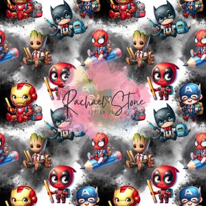 Könnte beinhalten: Ein nahtloses Muster mit verschiedenen Superhelden-Charakteren in einer Schulumgebung. Die Charaktere sind Iron Man, Batman, Spiderman, Deadpool, Groot und Captain America. Sie tragen alle Schuluniformen und Rucksäcke. Der Hintergrund ist ein schwarzer und weißer Aquarell-Wasch.