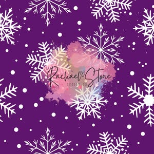 May include: A seamless pattern featuring white snowflakes on a purple background. The snowflakes are of varying sizes and are scattered randomly across the background. There are also small white dots scattered throughout the pattern. The pattern is reminiscent of a winter wonderland.