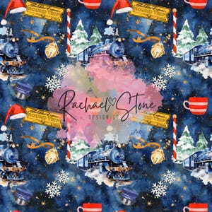 May include: A seamless pattern featuring a blue train with white smoke, red and white candy canes, red Santa hats, gold bells, snowflakes, and a ticket that reads "The Polar Express Round Trip". The background is a dark blue watercolour with gold glitter.