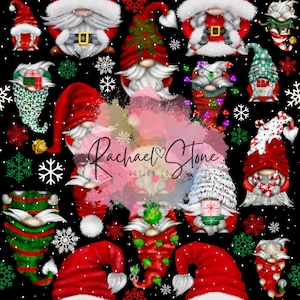 May include: A seamless pattern featuring a variety of Christmas gnomes with different hats and accessories. The gnomes are on a black background with snowflakes and a white, pink, and red watercolor design in the center. The text "Rachael Stone Design Co." is in the center of the design.