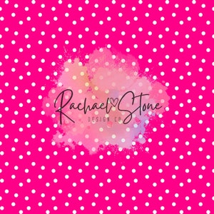 May include: A pink background with a white polka dot pattern. A watercolor splatter effect in the center of the image features a light pink, orange, and blue color scheme. The text "Rachael Stone Design Co." is in the center of the splatter.