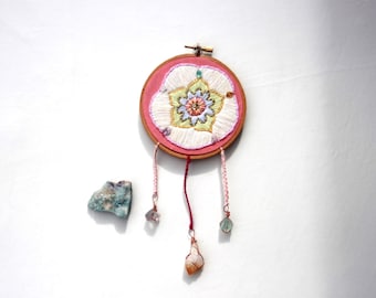Crystal Mandala Embroidery Hoop with Rose Quartz, Moonstone, Fluorite, Citrine & Amethyst