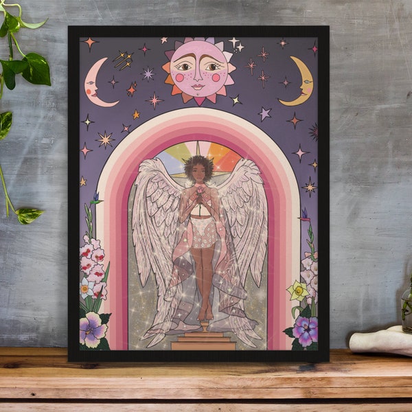 Angel of Abundance and Manifestation, Sun and Moon Angel Poster, Pink Rainbow Angel Art, Floral Angel Print, Aura Angel Print,  Print 11x14"