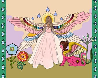 Lámina artística de ángel guardián / Decoración de pared espiritualizada