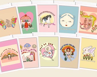 Tarjetas de felicitación para el niño interior: ilustraciones originales, mensajes positivos y mensajes de amor propio.