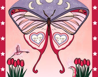 Puedes ser tú mismo/a. Estampado de mariposas y fases lunares, afirmación de amor propio, arte mural celestial.