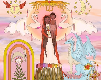 Baby Jesus & Mother Mary Art Print, Inner Child Healing Wall Art, Mystical Christian Rainbow Symbolism Print