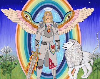 Lámina del Arcángel Miguel: Portal Arcoíris, León Blanco, Ángel de la Protección