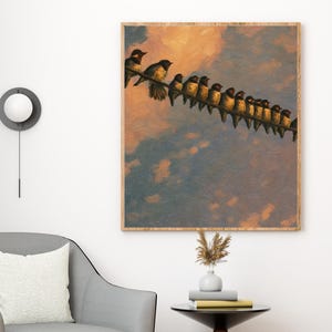 Affiche oiseaux coucher de soleil – Art murale nature à imprimer – Fichier numérique PDF 300 DPI – Poster decorativo apaisant