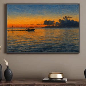 Affiche coucher de soleil tropical / Tableau paysage mer / Art murale bateau au crépuscule / Impression numérique à télécharger