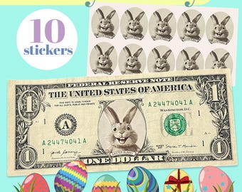 10 Pcs Bunny Money Dollar Bill Stickers 1 and 2 Dollars Easter Money Sticker Easter Bunny Money Gift Easter Basket Stuffer