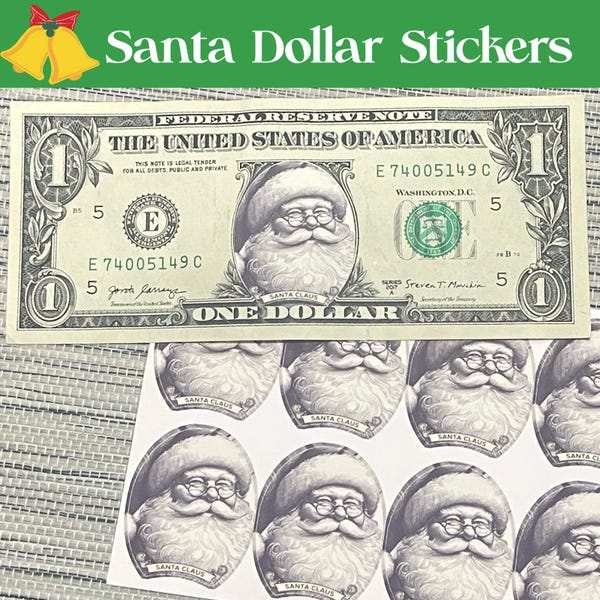10 Pcs Santa Claus Dollar Bill Stickers 1 and 2 Dollars Christmas Money Sticker Santa Money Gift Stocking Stuffer