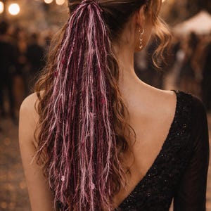 Puede incluir: Peinado femenino con coleta adornada con largas extensiones de cabello burdeos y rosa. Las extensiones están acentuadas con pequeños adornos rosas. Lleva un vestido negro con lentejuelas y espalda descubierta.