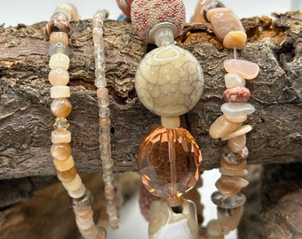 Pink, Brown, & Peach Sunstone Semiprecious Stones Stack of 4 Bracelets