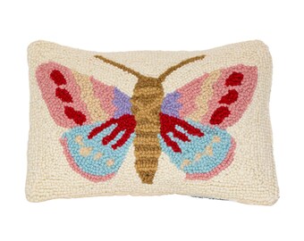 Butterfly Wool Hooked Pillow (12" x 8")