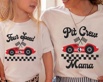 Geburtstags-Shirt für die Boxencrew von Four Speed, Rennsport-Familien-Shirt, Autorennen-Geburtstags-Shirt, Geburtstagskind-Shirt, 4. Geburtstag, Rennsport-Geburtstags-T-Shirt