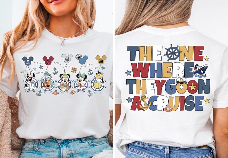 a woman wearing a mickey mouse t - shirt
