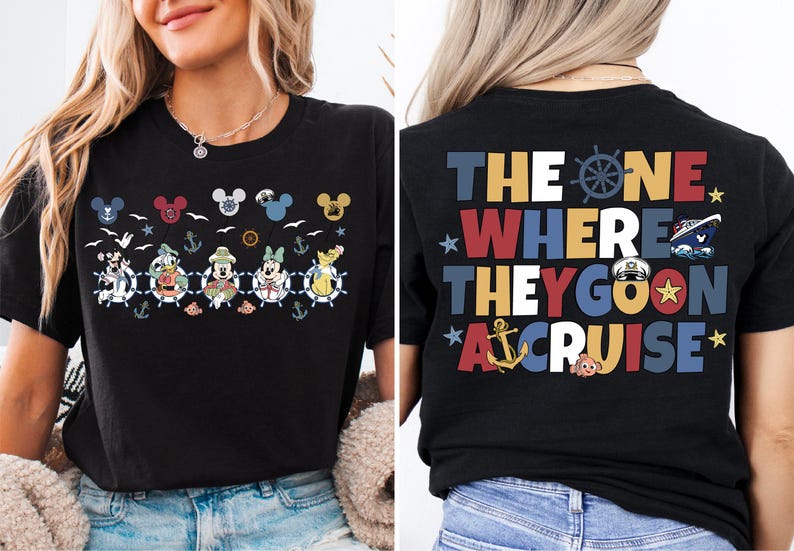 a woman wearing a mickey mouse t - shirt