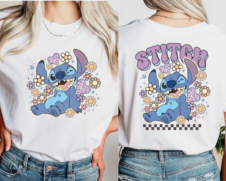 a woman wearing a white shirt with stitch on it