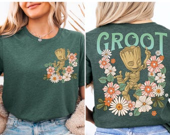 Maglietta con personaggio del giardino fiorito, maglietta ispirata a Baby Groot e all'avventura spaziale, maglietta per vacanze in famiglia, maglietta per viaggi tra amiche