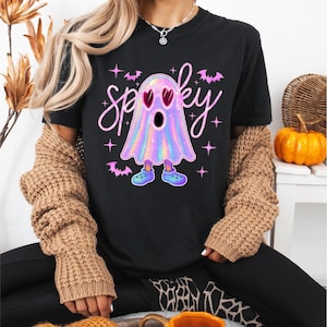Spooky Ghost Shirt, Sparkling Ghost T-Shirt, Spooky Vibes Tee, Halloween Theme T-Shirt, Halloween Girls Party Sweater, Halloween Sweatshirt