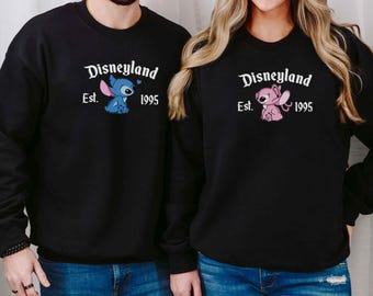 Disneyland Stitch Angel Embroidered Sweatshirt, Disney Couples Matching Hoodie, Cute Valentine’s Day Sweater, Gift for Love Day
